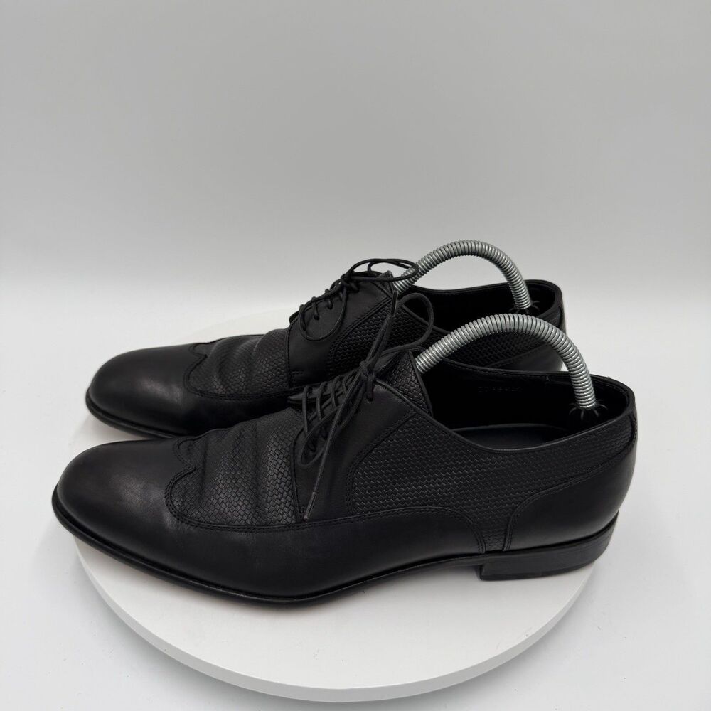 Hugo Boss Men’s 8 Black Leather Derby Wingtip Dress Shoes Woven‎ Panels Lace-Up